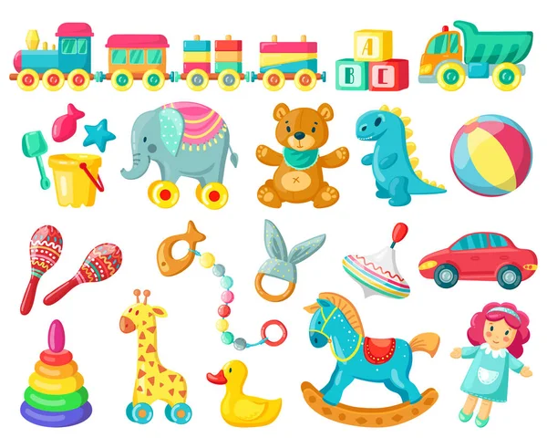 Zabawki dla dzieci z kreskówek. Baby plastikowe i drewniane zabawki, niedźwiedź, piłka i lalka, gry dla dzieci, zabawy dla dzieci i aktywności wektor ilustracji zestaw symboli — Wektor stockowy