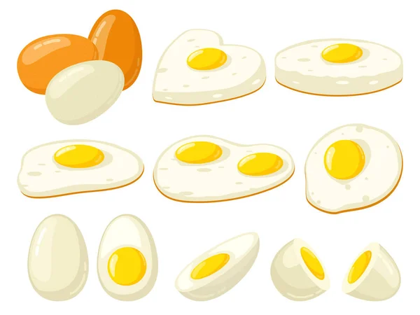 Os desenhos animados cozinharam ovos. Frito, duro, macio ferveu, fatiou ovos com gema de ovo, ingrediente de café da manhã proteína. Conjunto de ilustrações vetoriais de produtos agrícolas orgânicos —  Vetores de Stock