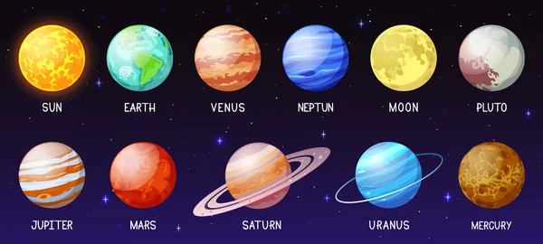 Sistema solar dos desenhos animados. Planetas espaciais, lua, sol, esfera astronômica Terra marte mercúrio Júpiter e Vênus. Conjunto de ilustrações vetoriais de corpos espaciais galácticos — Vetor de Stock