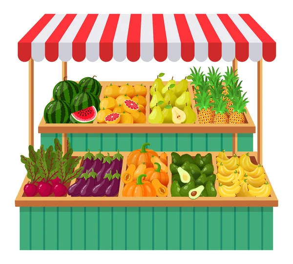 Vegetables supermarket stall. Fruits, vegetables wooden counter, grocery store organic food. Fresh vegetables local shop vector illustration — Stock Vector