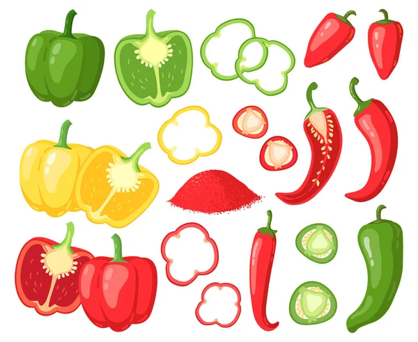 Pimientos de dibujos animados. Pimientos rojos, amarillos y picantes dulces, pimiento, verduras de granja jugosas, rodajas de pimiento, pimientos de corte vector conjunto de ilustración — Archivo Imágenes Vectoriales