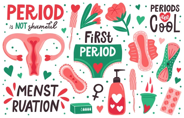 Гигиена менструации. Женский менструальный цикл, периоды гигиены, менструальные чашки, гигиенические прокладки, тампоны. Набор векторных иллюстраций для критических дней — стоковый вектор