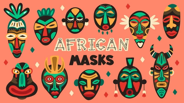 Des masques africains anciens. Masque ethnique tribu, rituel totem religion masques faciaux, aztèques, africains et hawaïens masques autochtones vectoriels illustration set — Image vectorielle