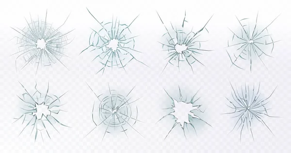 Glasscherben. Zerbrochenes Fensterglas, beschädigte Eisfläche, Rissloch Computerbildschirm 3D isolierte Vektorillustration Symbole gesetzt — Stockvektor