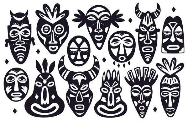 Силуэты племенных масок. Африканская древняя тотемная религия лица маски, нарисованные вручную Гавайи этнические маски лица, ритуальные маски векторные иллюстрации набор — стоковый вектор