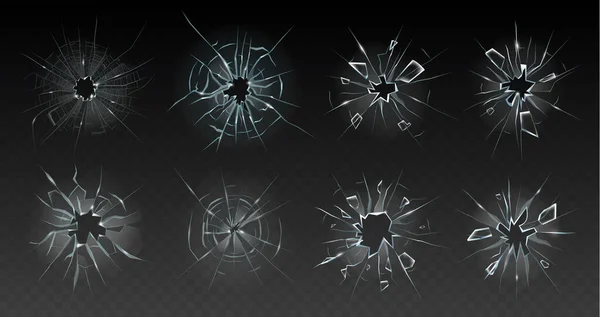 Realistic cracked glass. Broken smashed, damaged texture, crash destruction ice, clear glass surface, crack bullet hole vector illustration set — Stock Vector