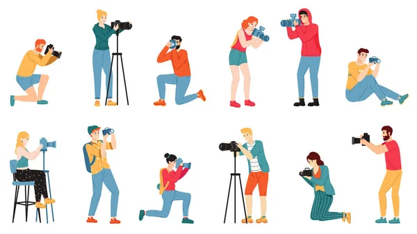 Fotós karakterek. Paparazzi, operatőr kreatív emberek fotózni, riporterek és újságírók karakterek vektor illusztráció készlet — Stock Vector