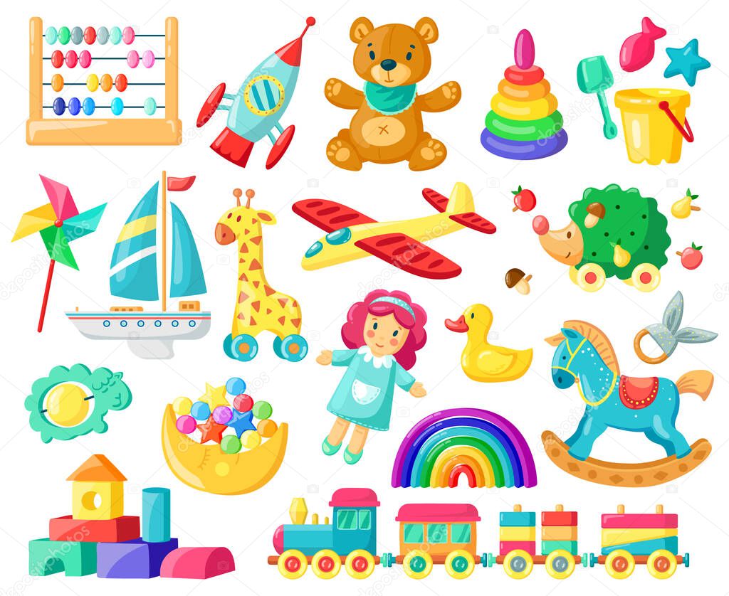 Cartoon baby toys. Child toys, bear, doll, logic toys, train, boys and girls inventory for kids games and entertainment vector illustration set