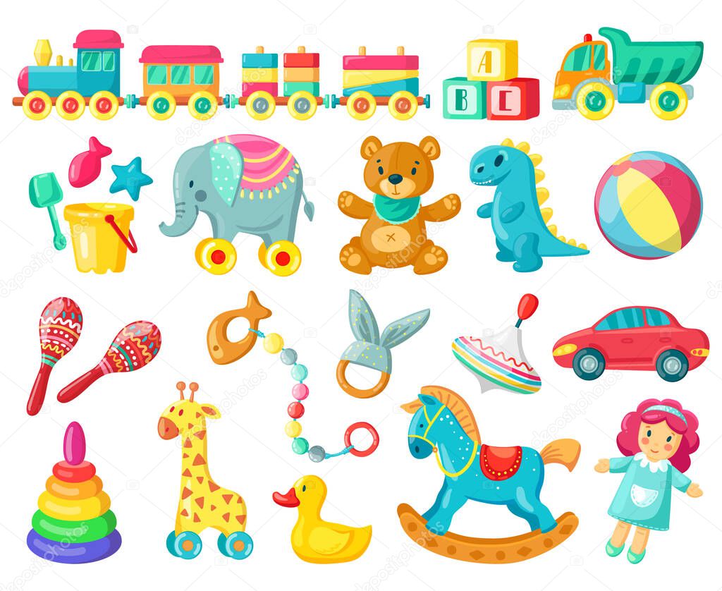 Cartoon kids toys. Baby plastic and wooden toys, bear, ball and doll, kids game activity, child fun and activity vector illustration symbols set