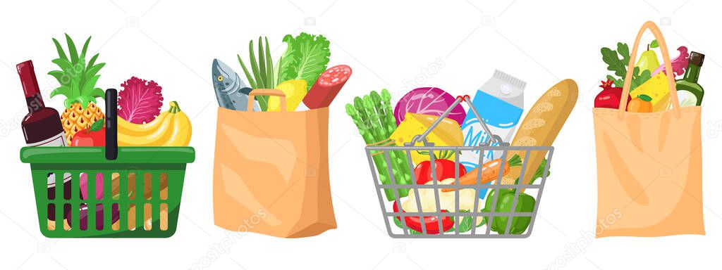 Supermarket grocery bags. Shopping baskets and bags, plastic, paper purchases packages, shopping bags with organic foods vector illustration set