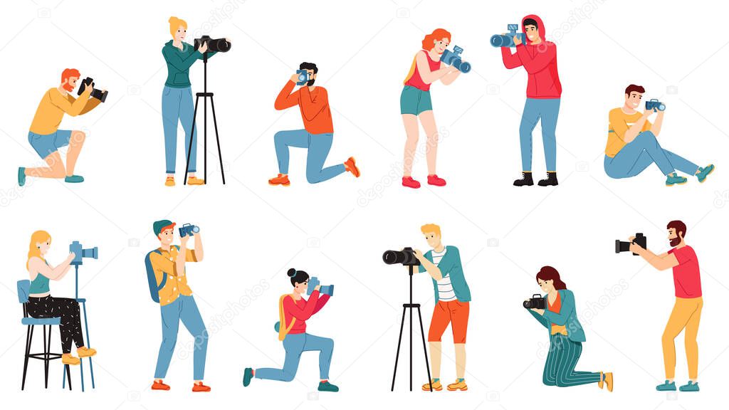 Photographer characters. Paparazzi, cameraman creative people take photo shot, reporters and journalists characters vector illustration set