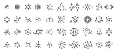İş ağı simgeleri. Ağ yapıları, organizasyon bağlantıları ve atomik bağ şemaları. Düzenlenebilir vuruş yolu ile soyut bağlantılı düğümler veya kimyasal moleküller doğrusal vektör.
