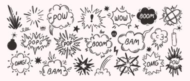 Çizgi roman patlamaları. Bam ve Pop ses efektleri, el çizimi konuşma baloncukları, patlama patlamaları ve şişme bulutlar. Çizgi film patlama izole vektörü.