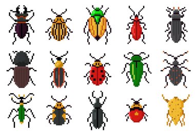 Piksel sanat böcekleri. Retro 8 bit piksellenmiş böcekler, dijital uğur böcekleri, renkli böcekler ve böcek simgeleri. Eski okul video oyunu böceği izole edilmiş vektör illüstrasyon seti.