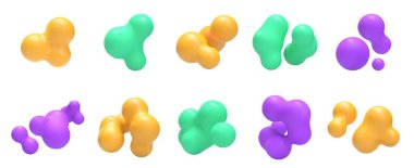 Sıvı 3 boyutlu kütle şekilleri. Yumuşak gradyan, sıvı kütleli meta küreler oluşturan soyut organik formlar ve izole edilmiş dijital biçimsiz şekilli elementler..