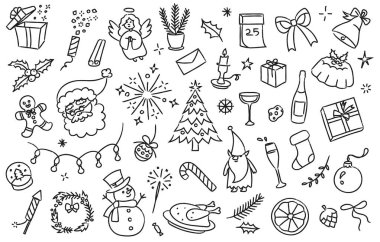 Noel karalamaları. Noel Baba, kardan adam, Noel ağacı, çoraplar, havai fişekler ve hediyeler. Lineer kış bayram sembolleri grunge dokuları, vektör seti.