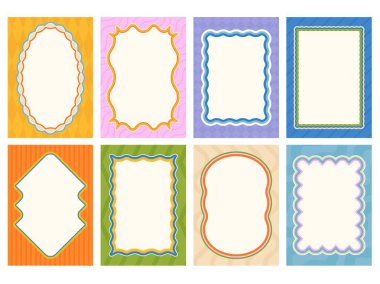 Dalgalı çerçeveler. Kıvrımlı kenarı ve şablon arkaplanı olan dekoratif renkli çerçeve. Davetiyeler, hatıra defteri ve fotoğraf çerçeveleme vektörü için boş kart şablonları.