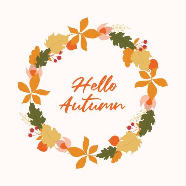 Sonbahar yapraklı çelenk. Yuvarlak renkli çerçeve, meşe, akçaağaç, kestane yaprağı. Sonbahar renkleri.