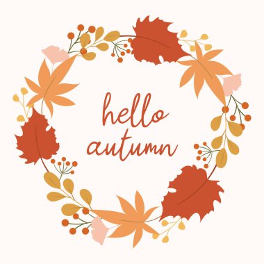 Sonbahar yapraklı çelenk. Yuvarlak renkli çerçeve, meşe, akçaağaç, kestane yaprağı. Sonbahar renkleri.