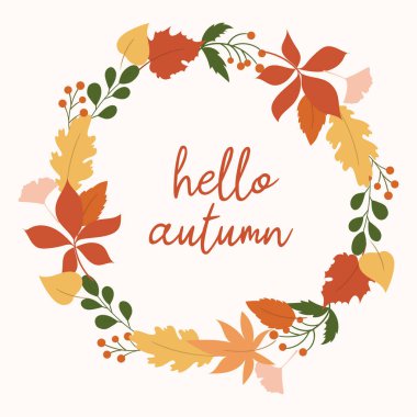 Sonbahar yapraklı çelenk. Yuvarlak renkli çerçeve, meşe, akçaağaç, kestane yaprağı. Sonbahar renkleri.