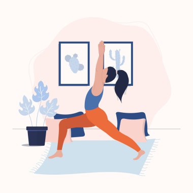 Kadınlar yoga pozisyonunda ve meditasyon yapıyor. Kadın evde yoga yapıyor. Meditasyon pozu. Düz tasarım