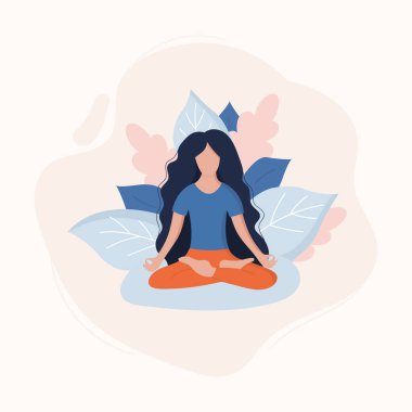 Uzun siyah saçlı, yoga pozunda oturan genç kadınlar. Yoga yapan kadınlar. Ulusal yoga günü