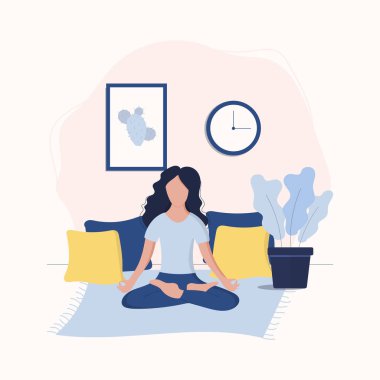 Lotus pozu verip meditasyon yapan kadınlar. Evde yoga yapan kadınlar. Meditasyon pozu. Düz tasarım