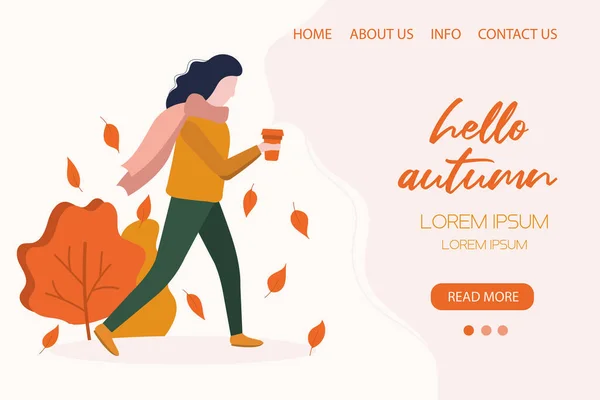 Frau Spaziert Mit Kaffeetasse Herbstpark Landing Page Herbst — Stockvektor