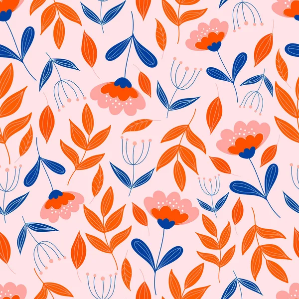 パステルピンクの背景に花と植物のシームレスなパターン。葉や花の壁紙。花々の背景. — ストックベクタ