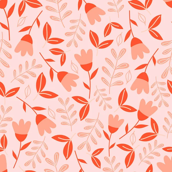 Patrón botánico sin costuras con flores sobre fondo rosa pastel. Hojas y flores fondos de pantalla. Fondo florales. — Vector de stock
