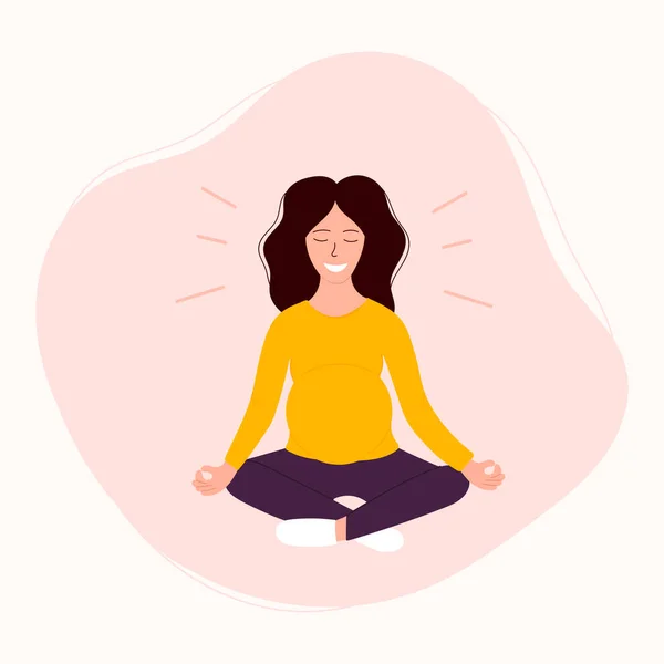 Wanita hamil yang bahagia duduk dengan pose yoga. Meditasi untuk wanita hamil. - Stok Vektor