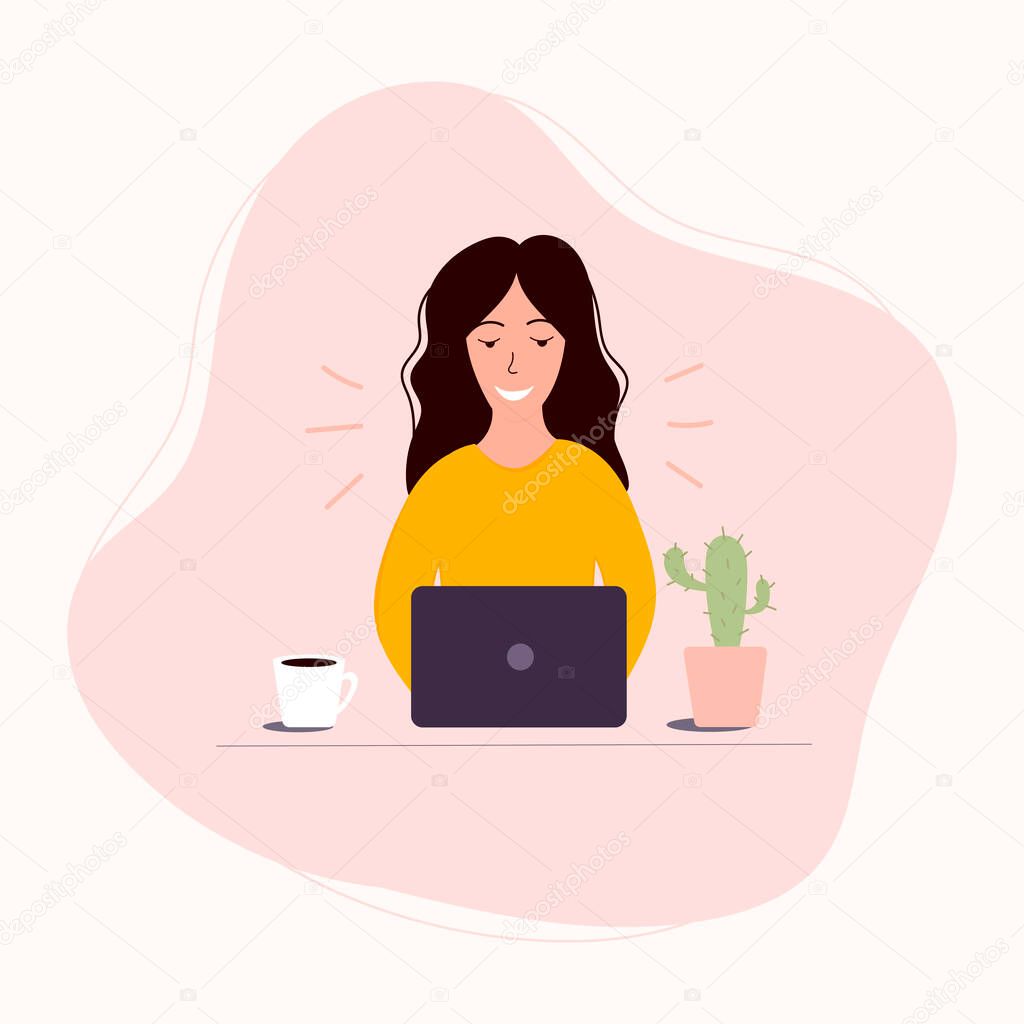 Woman with laptop,coffe cup and cactus.Work at home. Woman sending email.