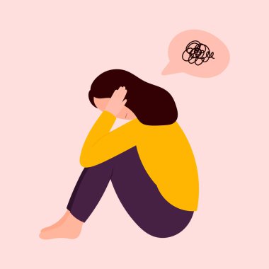 Depresyonda olan bir kadın yerde oturuyor. Depresyondaki genç. Karakter çizimi. Üzgün, yalnız kadın.