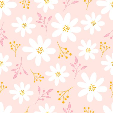 Pastel pembe arka planda çiçeklerle botanik kusursuz desen. Yapraklar ve çiçek duvar kağıtları. Çiçek arkaplanı.