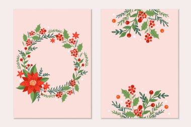 Noel tebrik kartları, içinde çam ağacı dalları, Poinsettia çiçekleri ve siyah arka planda kırmızı böğürtlen olan şablonlar. Tatil daveti.