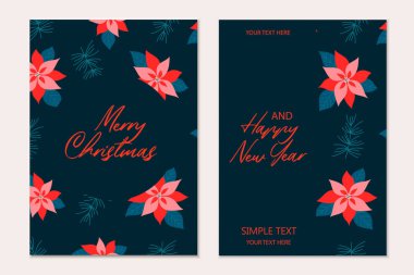 Noel tebrik kartları, içinde çam ağacı dalları, Poinsettia çiçekleri ve siyah arka planda kırmızı böğürtlen olan şablonlar. Tatil daveti.