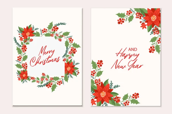 Modèle Cartes Voeux Noël Avec Branches Pins Fleurs Poinsettia Baies — Image vectorielle