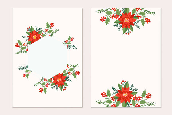 Christmas greeting cards template with pine tree branches, Poinsettia flowers and red berries on black background. Holiday invitation.