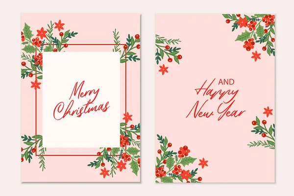 Modèle Cartes Voeux Noël Avec Branches Pins Fleurs Poinsettia Baies — Image vectorielle