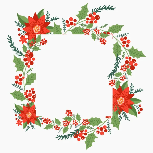 Noel karesi çelengi, Poinsettia ve çam ağacı dalları. Tatil çerçevesi.
