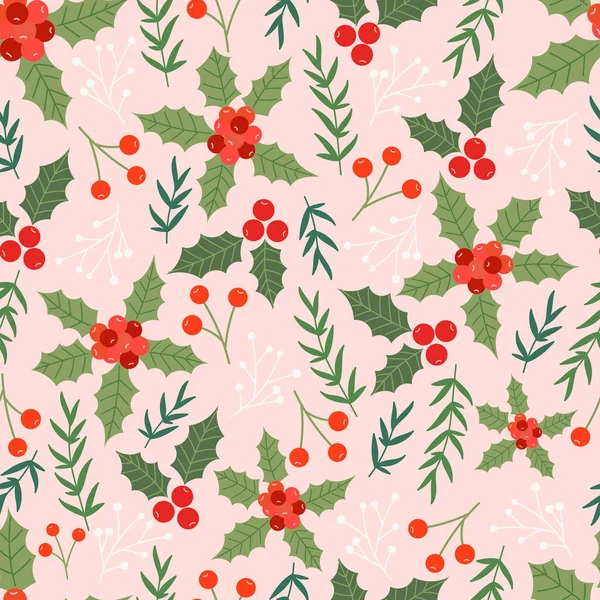 Motif Sans Couture Noël Sur Fond Rose Avec Des Fleurs — Image vectorielle