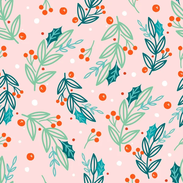 Pembe arka planda Noel deseni, Poinsettia çiçekleri, çam dalları ve böğürtlenlerle. arkaplan.