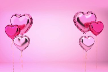 Pembe stüdyo arka planında yüzen kalp şeklinde helyum folyo balonları. 3d illüstrasyon 3d kopyalama alanı.