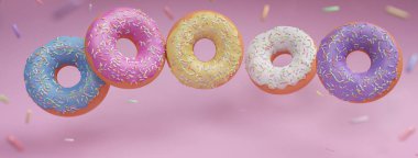 Pastel çörekler, şekerli ve hareketli. Pembe arka planda uçuşan jöleli çörekler. Fotokopi alanı ile yaratıcı, parlak 3D çizim. Sancak konsepti