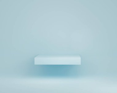 3D pastel mavi ekran podyumu. Fotokopi alanı ile ürün tanıtımı için kare yükseltme rafı. Temiz minimalist boş bir şablon. 3d resimleme