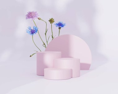 3 boyutlu podyum seti pastel pembe ve doğa beyazı arka plan fotokopi alanı tarla çiçekleri, çiçek ve yaz gölgesi ile. Leylak Şovu kaidesi. Moda soyut 3D çizim şablonu