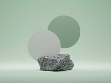 3D Stone, podyum görüntüsü pastel yeşil arka planda ve fotokopi alanı var. Yuvarlak çerçeveli ürün tanıtımı için minimum granit modayı belirleyen gri kaide platformu. 3B görüntüleme Basit soyut illüstrasyon modeli