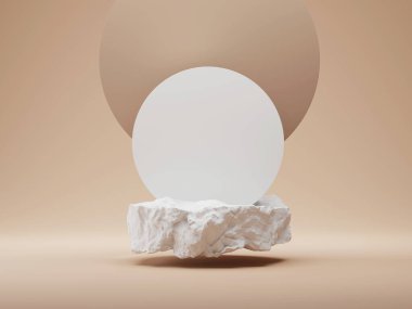 3D beyaz taş podyum. Çıplak, yuvarlak bej arka plan. Kozmetik, güzellik ürünü tanıtım modeli. Doğal pürüzlü gri kaya. Uçan kaide. Özet asgari afiş, 3B resimleme.
