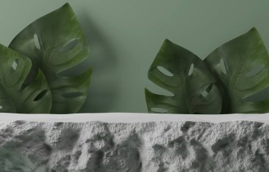 Üç boyutlu gri taş kaidesi, canavar palmiye yapraklarıyla sergilenir. White Rock basamakları, orman yaz egzotik arka planı. Doğal güzellik soyut tropikal yaprak. 3 Boyutlu resimleme pankartı modelleme 