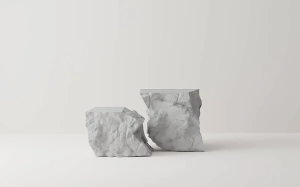 3D gri taş podyum seti. Boşluk beyaz arkaplanı kopyala Kozmetik ya da güzellik ürünü tanıtım modeli. Doğal sert gri kaya basamağı kaidesi. Moda minimalist afiş, 3 boyutlu resimleme.